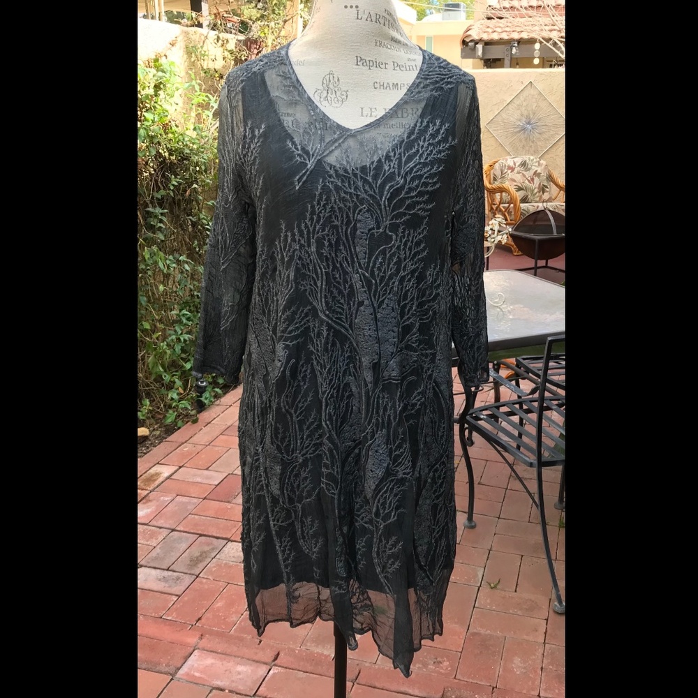 High End Boutique Slate Blue Gray Dress w/ Under-Dress Embroidered Coral Size S - Picture 2 of 16